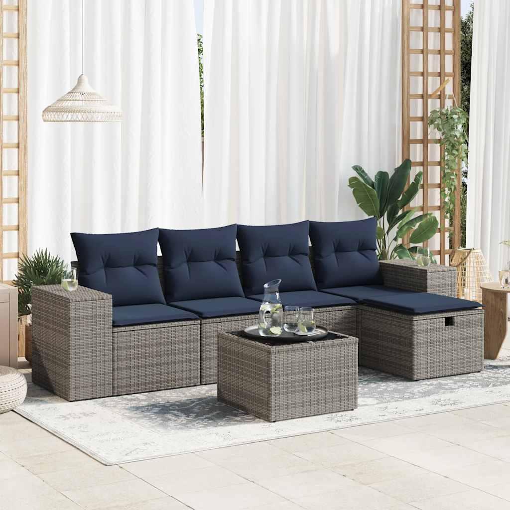 Sofasæt til haven i polyrattan, 6 dele - grå med marineblå hynder