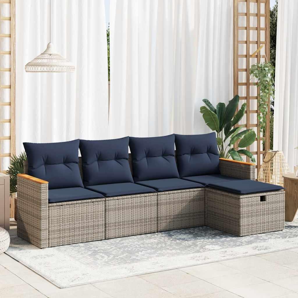 Sofasæt i polyrattan - 5 dele med marineblå hynder, grå