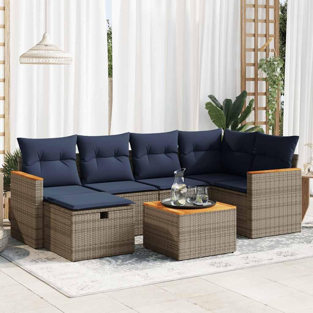 Havesofa-sæt i polyrattan - 7 dele med hynder, grå/marineblå