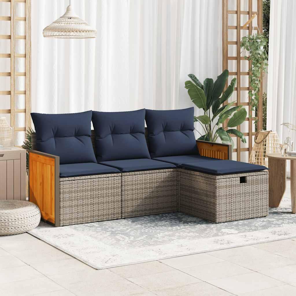 Havesofasæt i polyrattan - 4 dele med opbevaring, grå/marineblå hynder