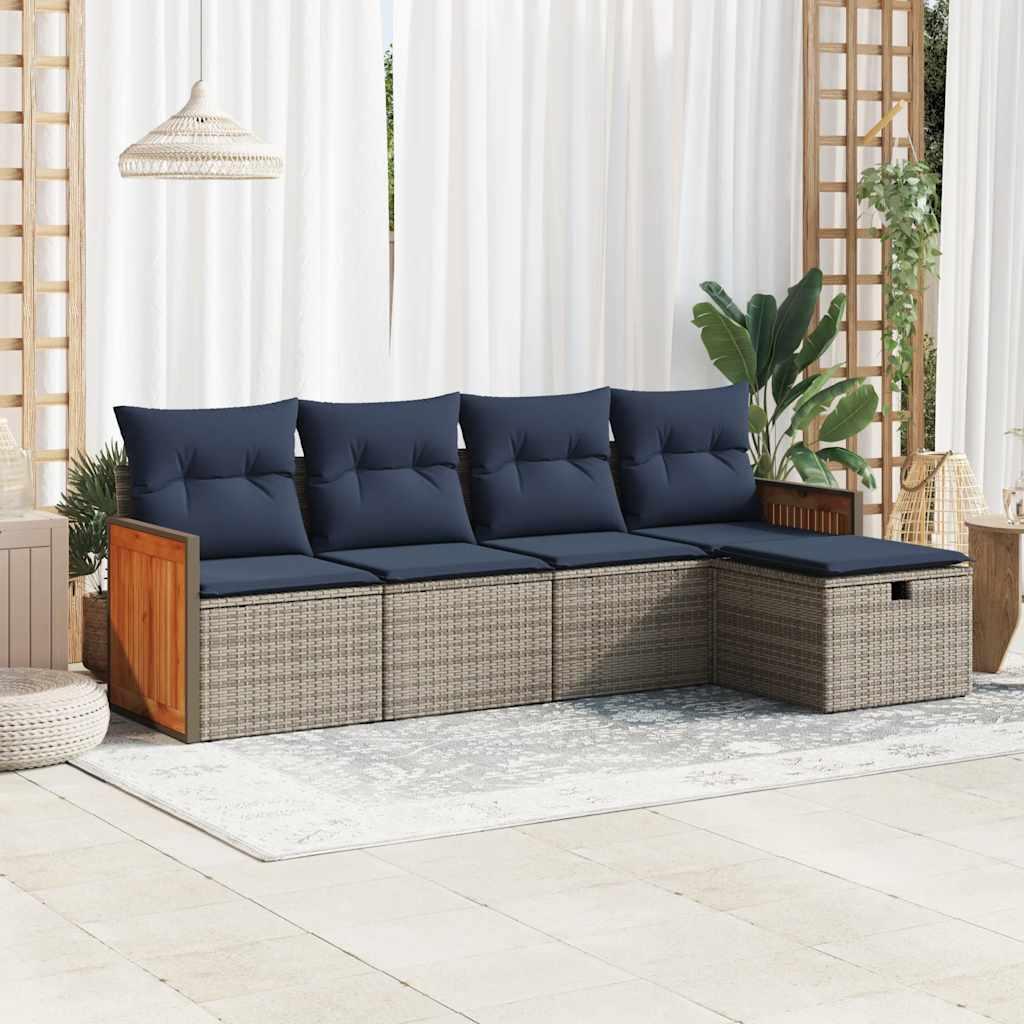 Sofasæt i polyrattan med opbevaring, 5 dele - grå/marineblå hynder