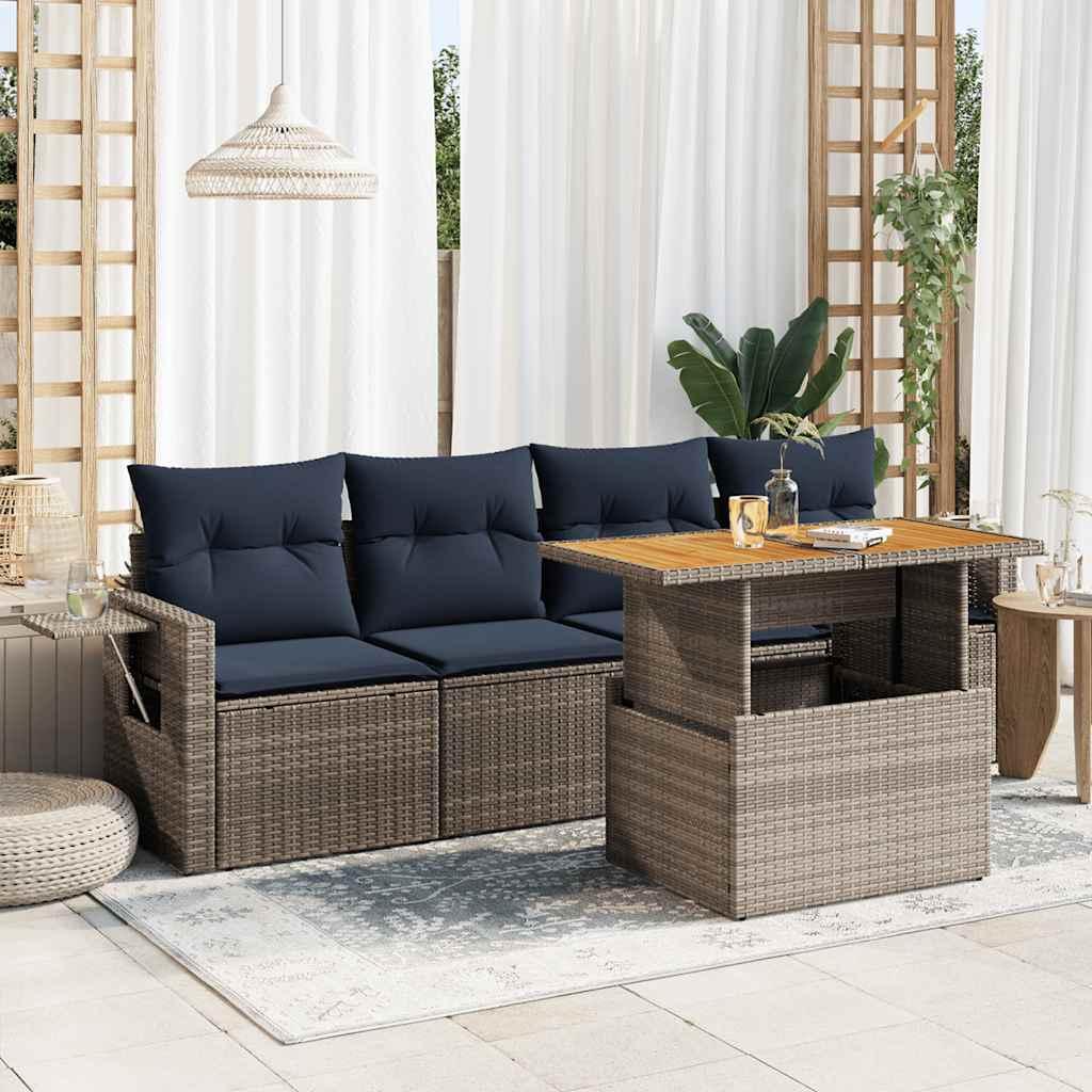 Sofasæt i polyrattan - 5 dele med marineblå hynder, grå