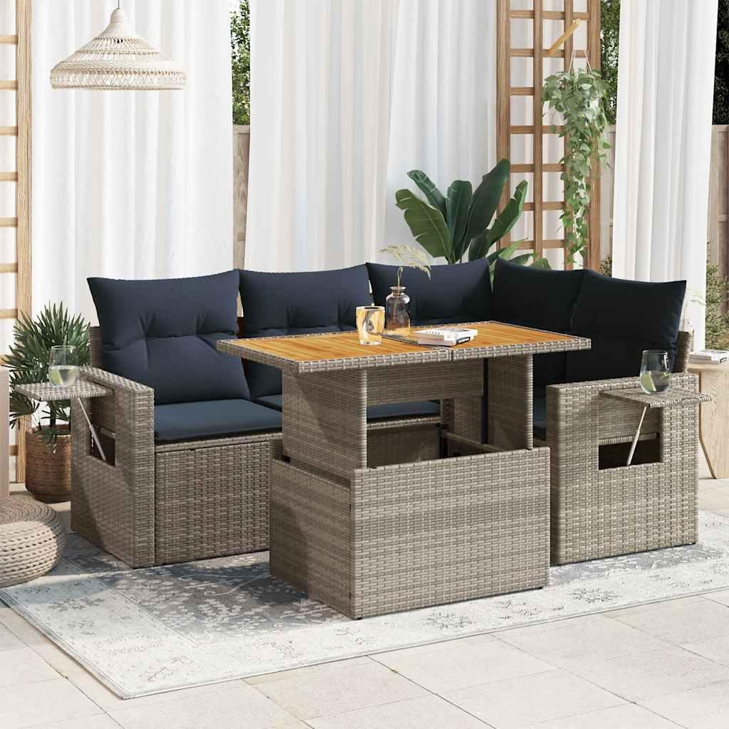 Sofasæt i polyrattan, 5 dele med hynder - grå