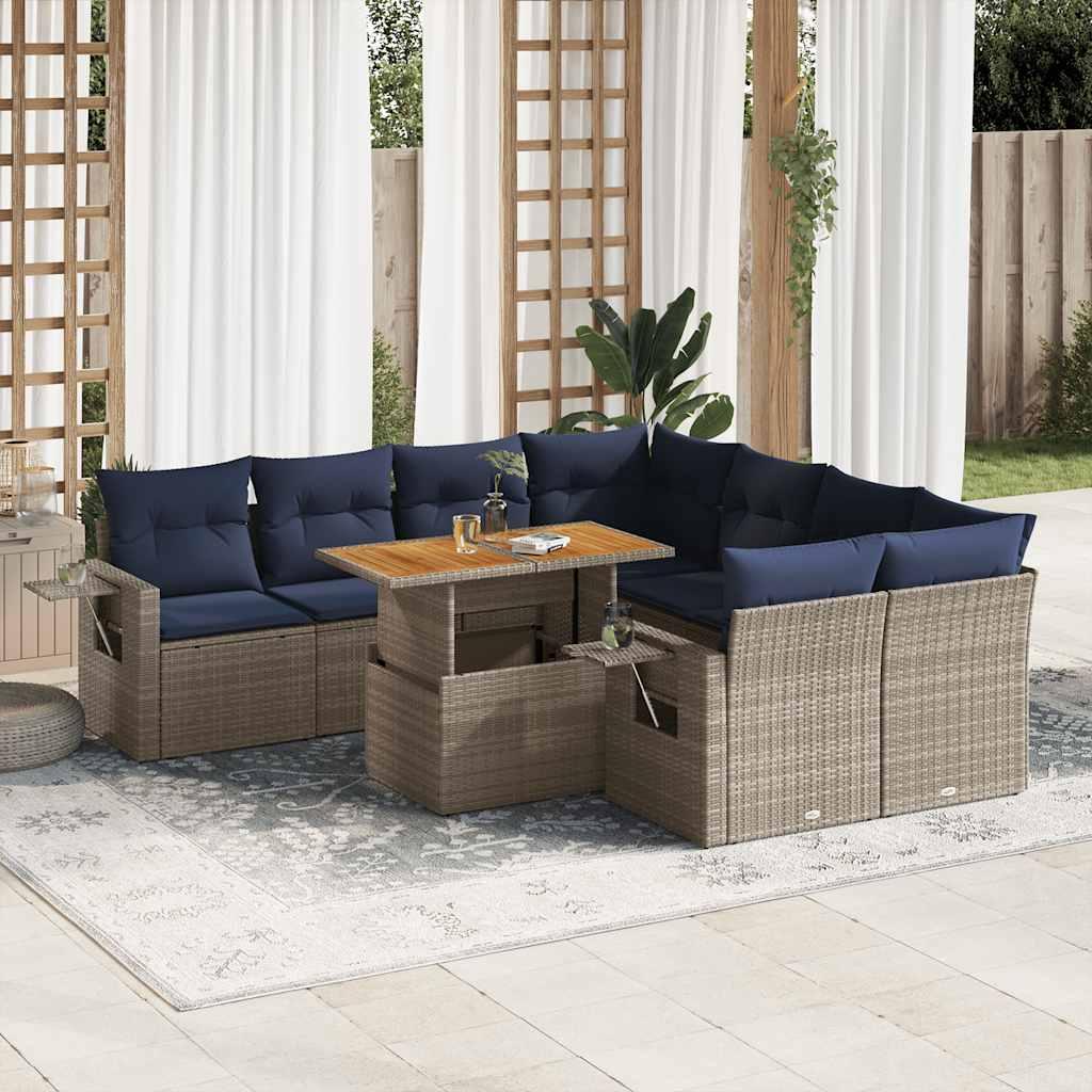 Havesofasæt i polyrattan - 9 dele med marineblå hynder, grå