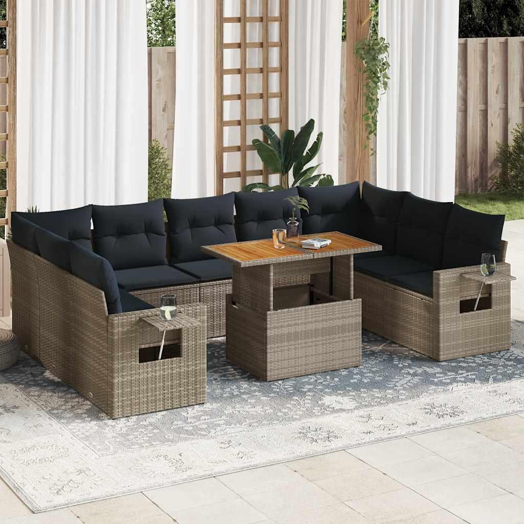 Havesofasæt i polyrattan - 10 dele med hynder, grå/marineblå