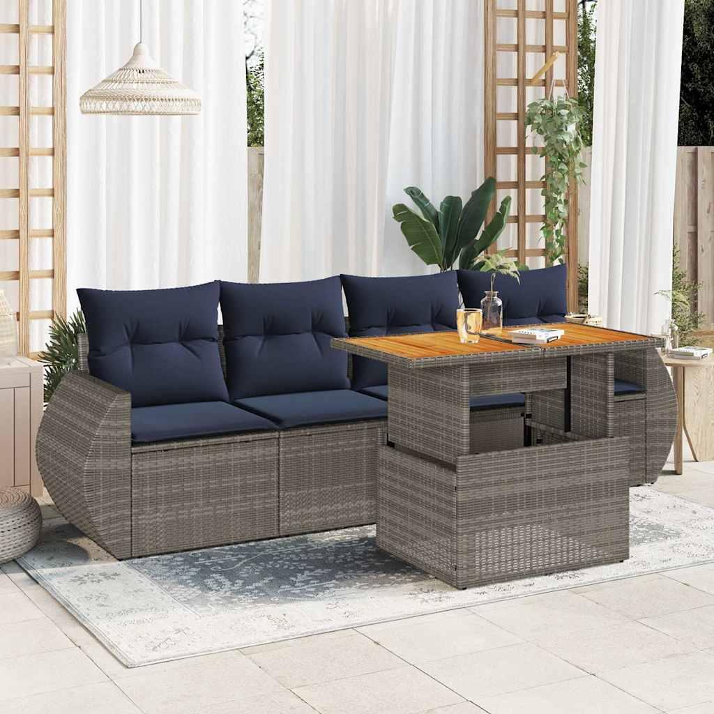 Sofasæt i polyrattan - 5 dele med hynder, grå/marineblå