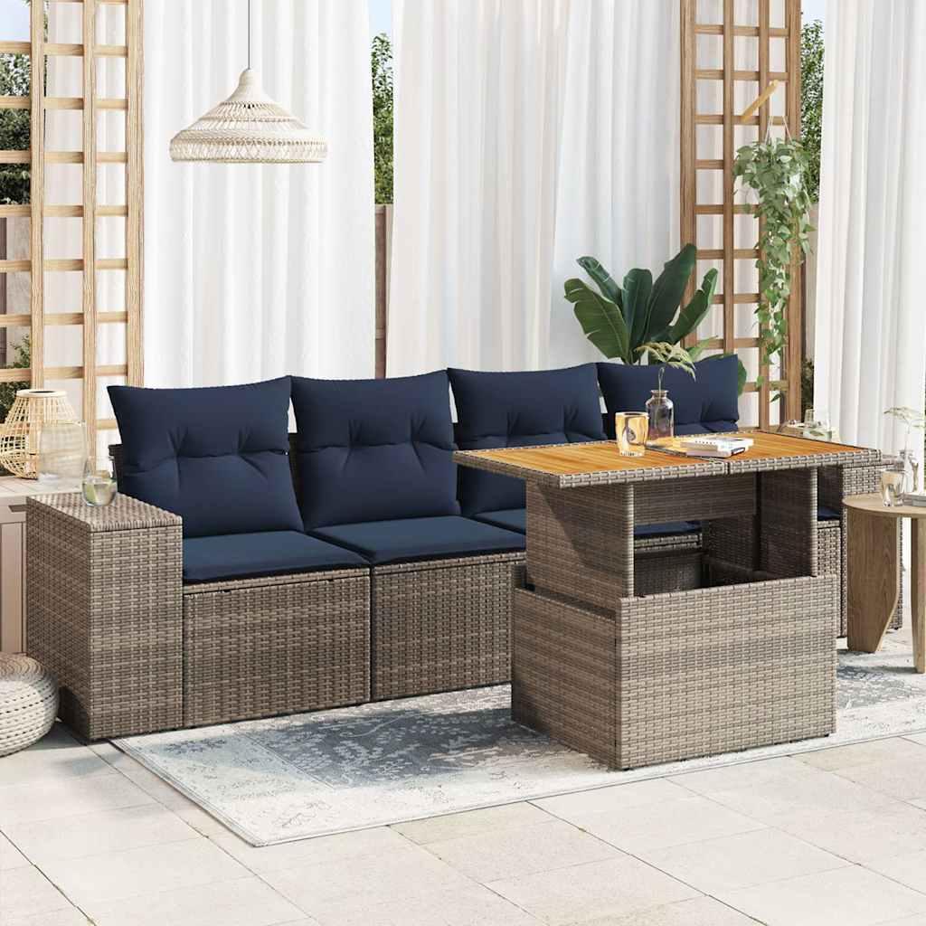 Havesofasæt i polyrattan med hynder - 5 dele, grå/marineblå