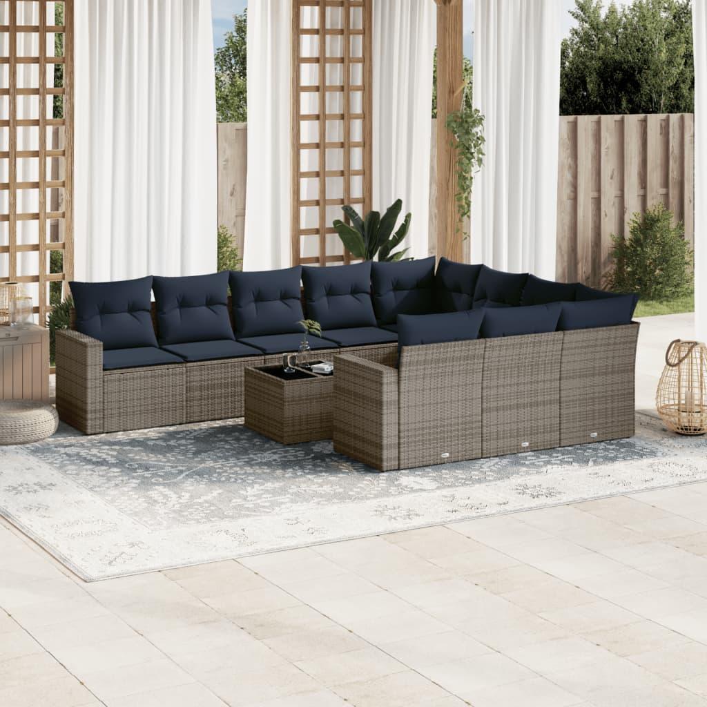 Sofasæt Til Haven 10 Dele Med Hynder Polyrattan Sort - grå og marineblå / Med bord