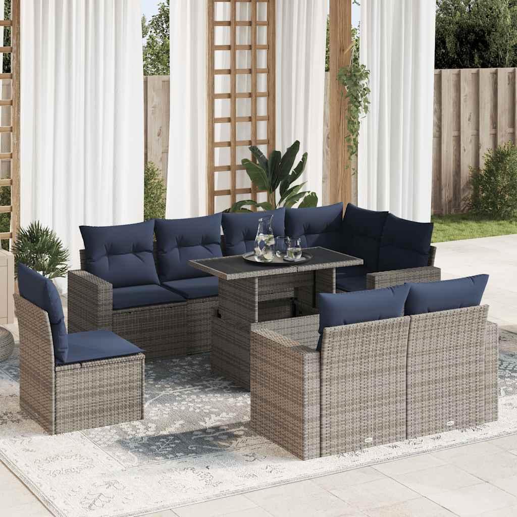 Sofasæt til Haven 9 Dele med Hynder Polyrattan Akacietræ - Grå