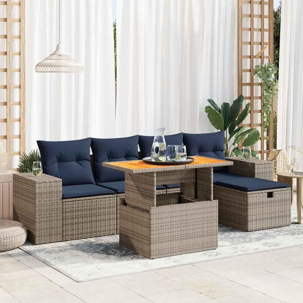 Sofasæt til haven - 6 dele med hynder i polyrattan og akacietræ, sort/grå