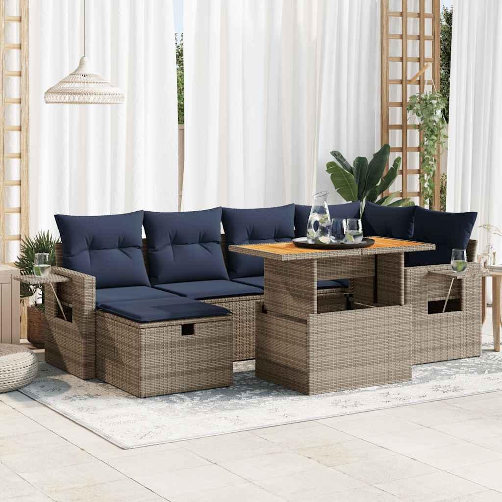 Sofasæt til haven - 7 dele i polyrattan med akacietræsbord, blå hynder - sort/grå