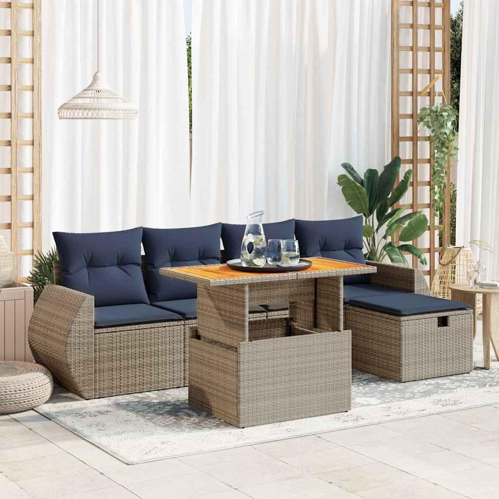Sofasæt Til Haven 6 Dele Med Hynder Polyrattan - Sort / 4x hjørne + fodskammel + bord