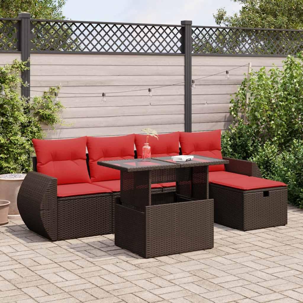 Havesofasæt 6 dele med hynder i polyrattan og akacietræ - brun/rød