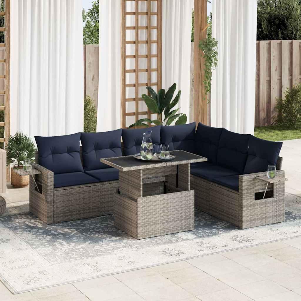 Sofasæt til Haven 7 Dele med Hynder Polyrattan Akacietræ Sort - Grå