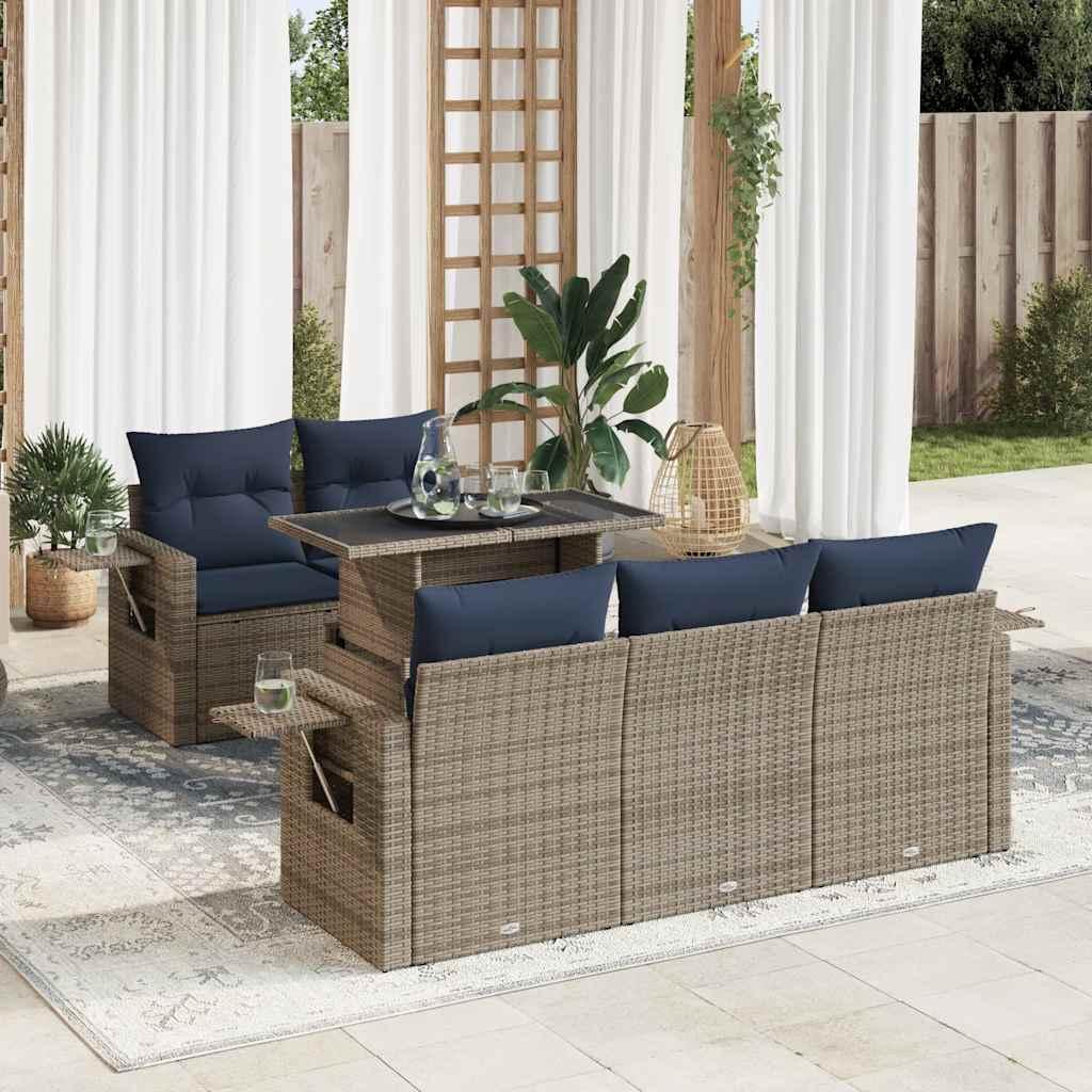 Sofasæt til haven i polyrattan - 6 dele med marineblå hynder, grå