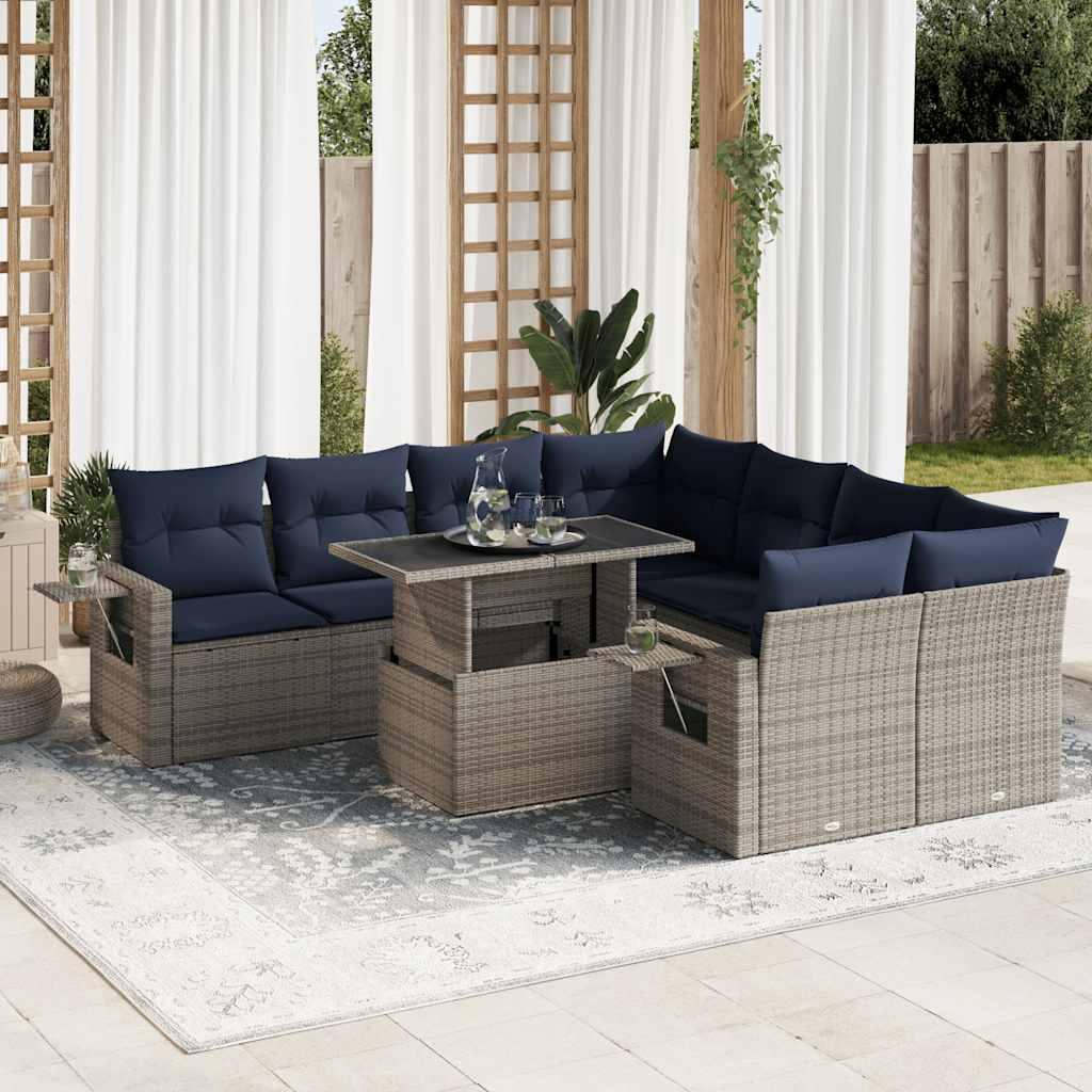 Sofasæt til Haven 9 Dele med Hynder Polyrattan Akacietræ - Grå
