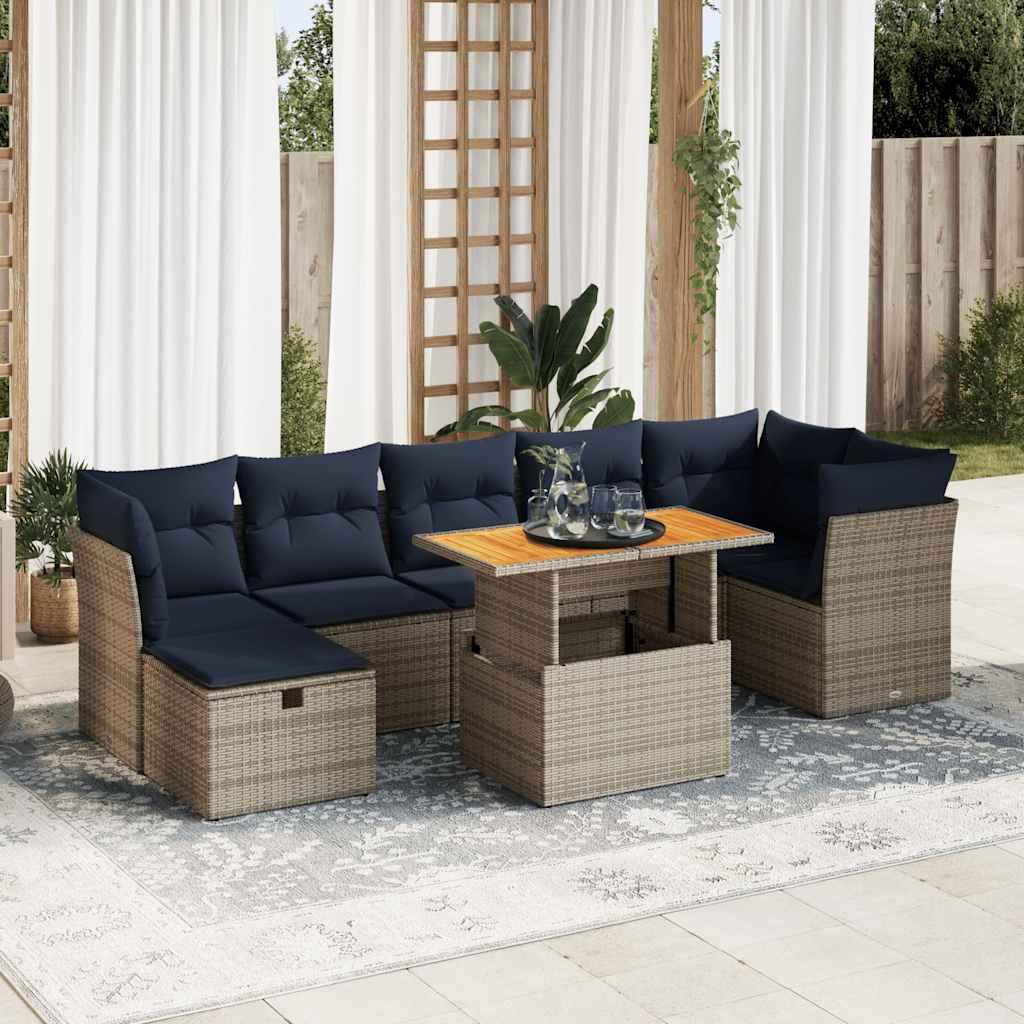 Sofasæt til haven i polyrattan med akacietræsbord - 8 dele, brun/blå