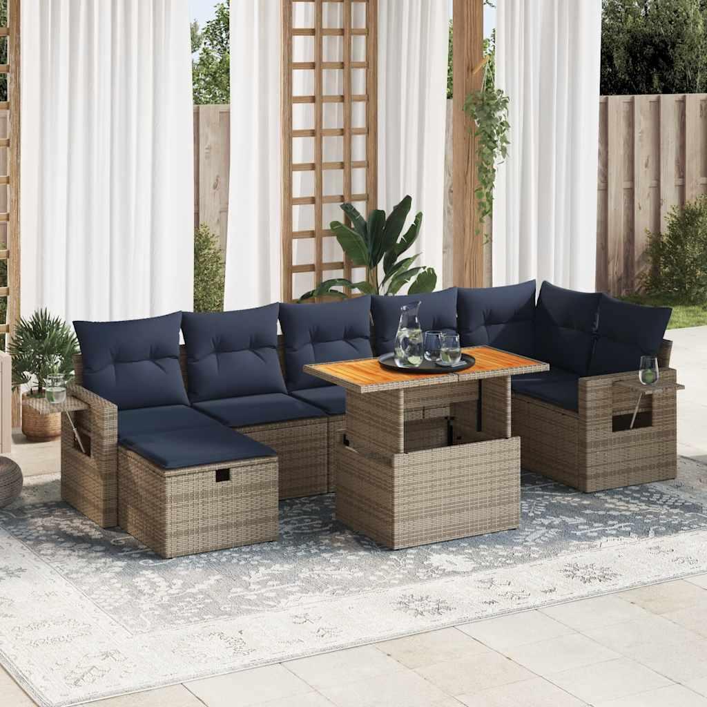 Sofasæt til haven - 8 dele med hynder i polyrattan og akacietræ, brun/grå