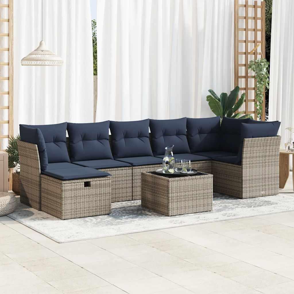 Havesofasæt i polyrattan - 8 dele med hynder, grå/marineblå