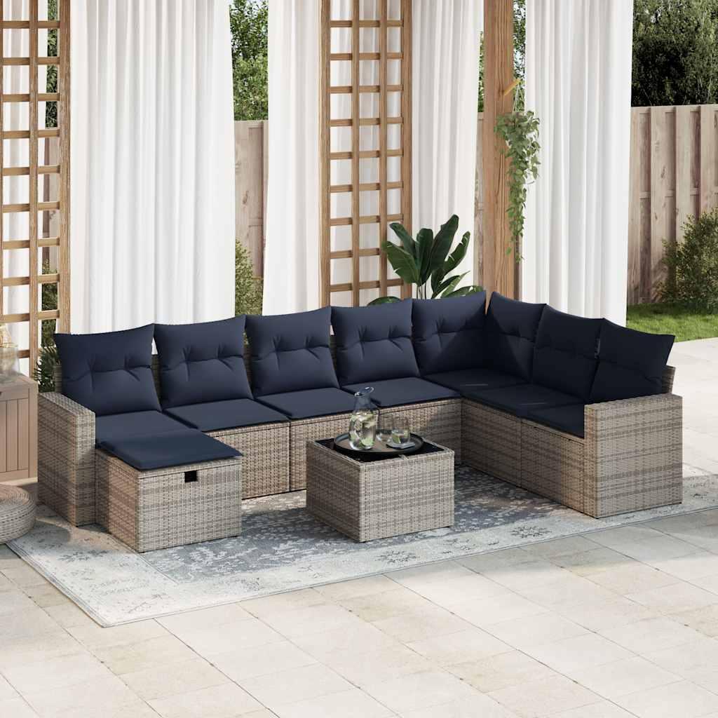 Sofasæt til haven i polyrattan - 9 dele med marineblå hynder, grå