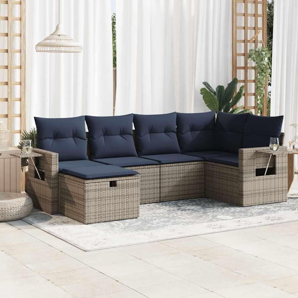 Havesofasæt i polyrattan - 6 dele med marineblå hynder, grå