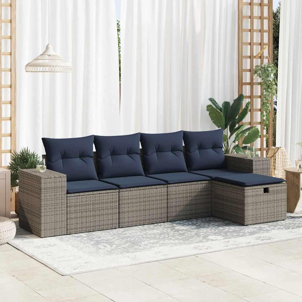 Sofasæt i polyrattan - 5 dele med hynder, grå/marineblå