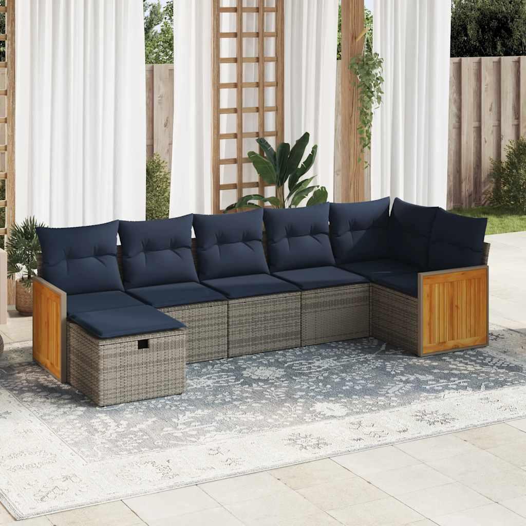 Havesofa-sæt i polyrattan - 7 dele med marineblå hynder, grå