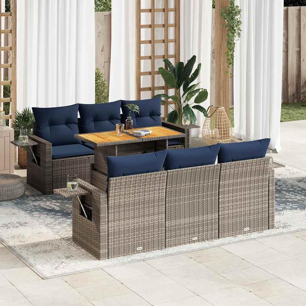 Havesofasæt i polyrattan - 7 dele med hynder, grå/marineblå