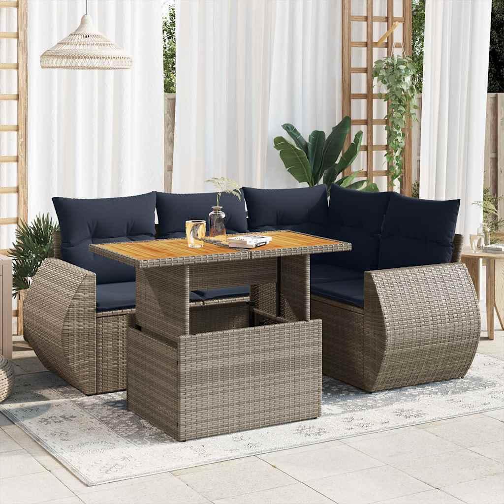 Sofasæt i polyrattan med hynder - 5 dele, grå/marineblå