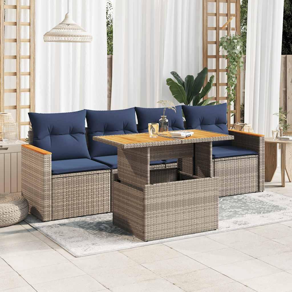 Sofasæt i polyrattan - 5 dele med hynder, grå/marineblå