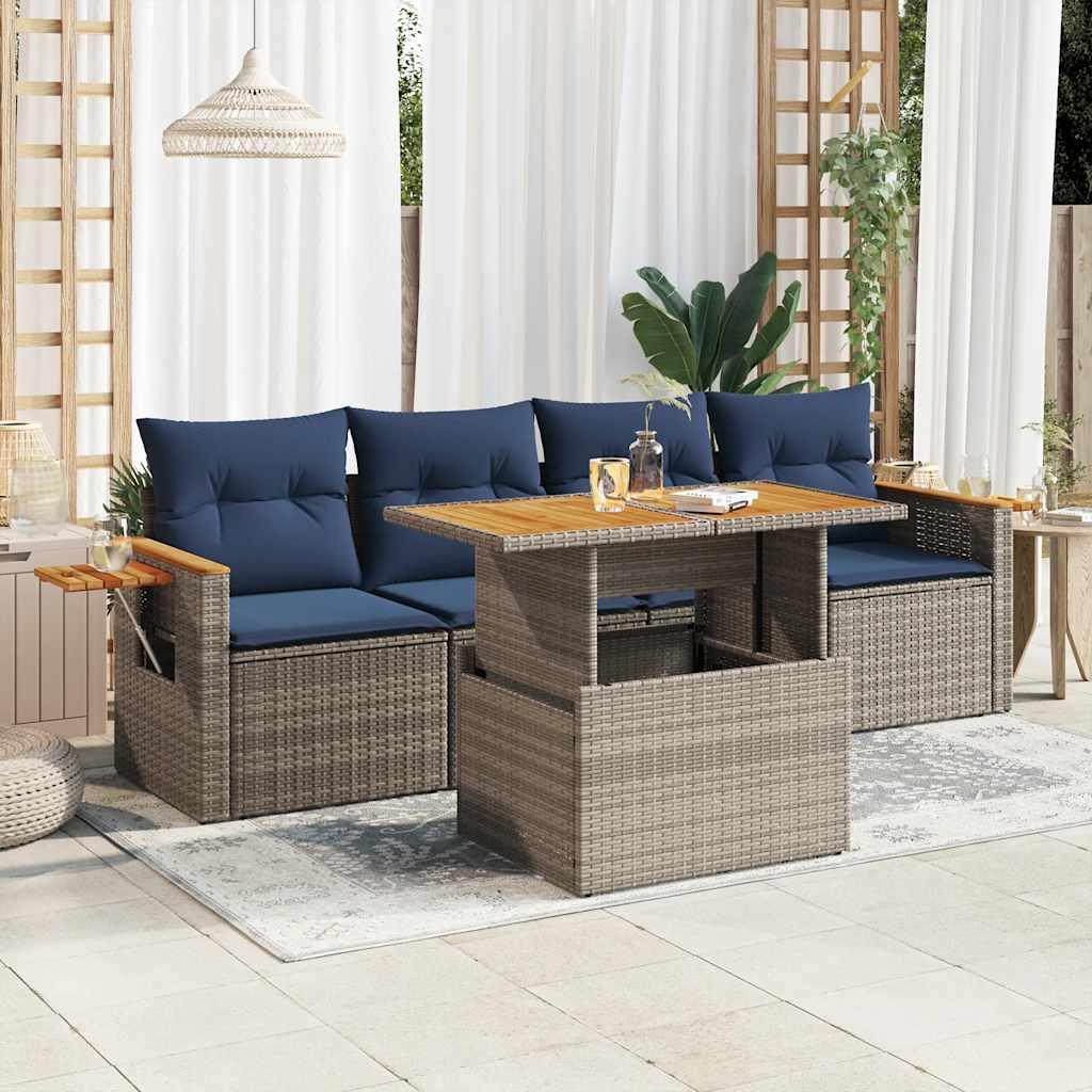 Havesofasæt i polyrattan - 5 dele med hynder, grå/marineblå