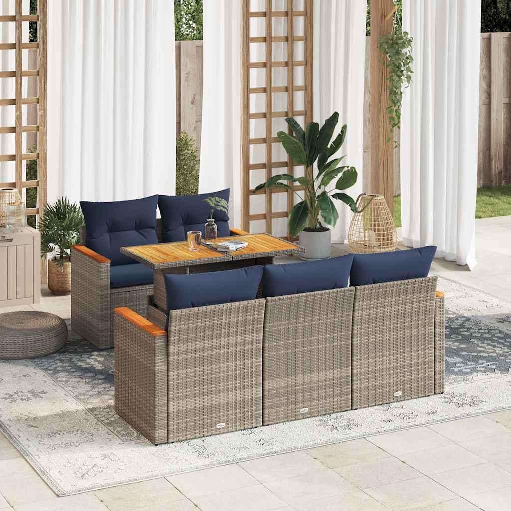 Sofasæt til haven i polyrattan - 6 dele med hynder, grå/marineblå