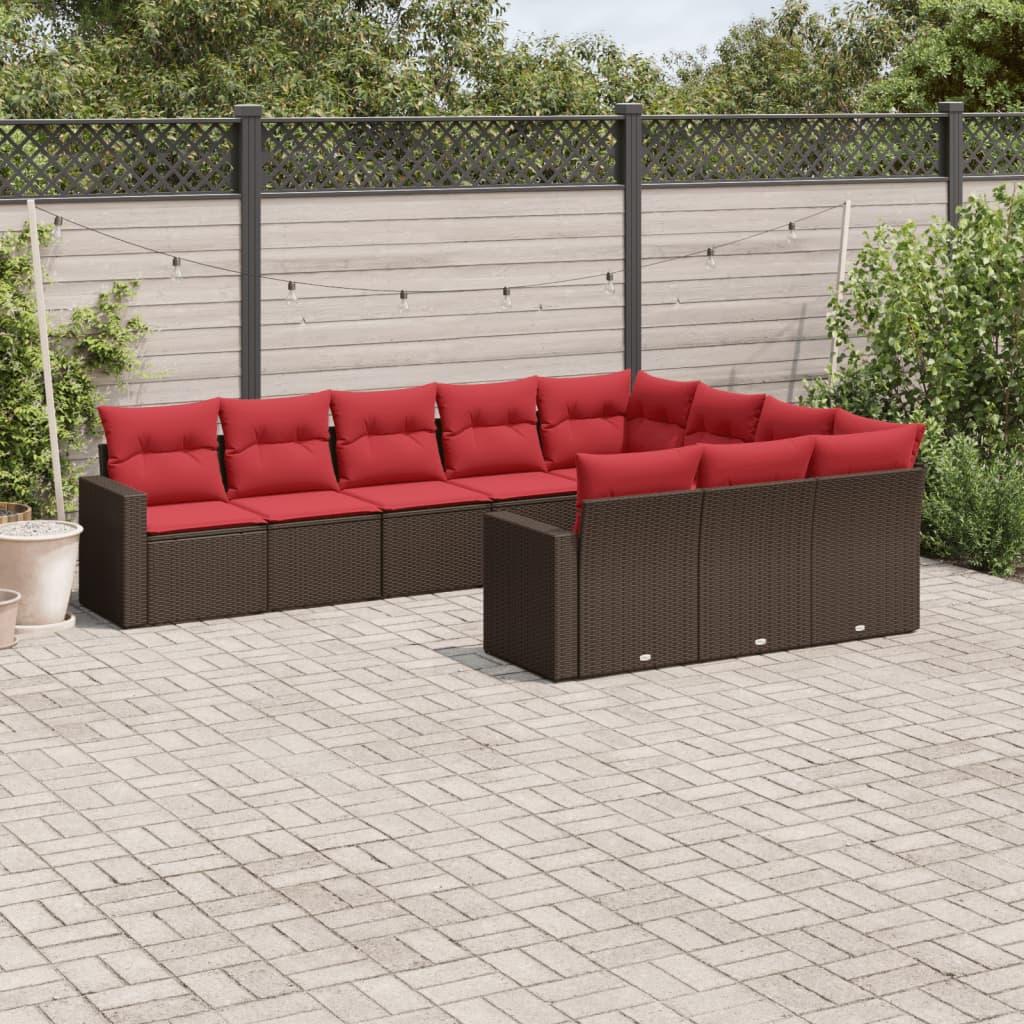 Sofasæt Til Haven 10 Dele Med Hynder Polyrattan Sort - Brun og rød / Uden bord