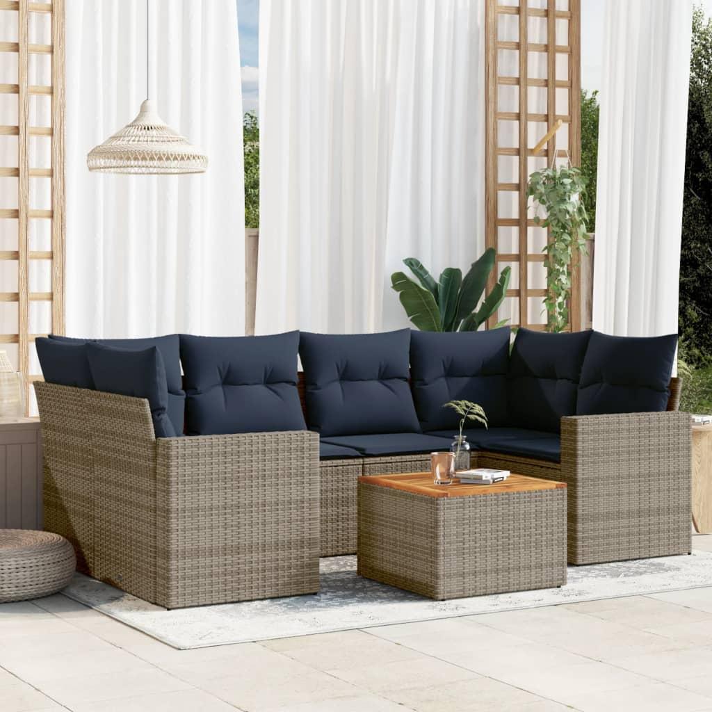 Havesofa­sæt i polyrattan - 7 dele med hynder, grå/marineblå