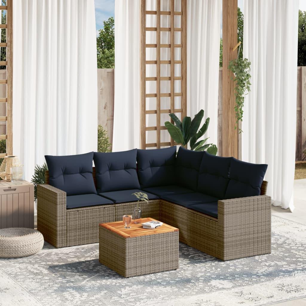 Sofaesæt til Haven 6 Dele med Hynder Polyrattan Grå - hjørnedel + 2x midterdel + 2x Sofa + bord