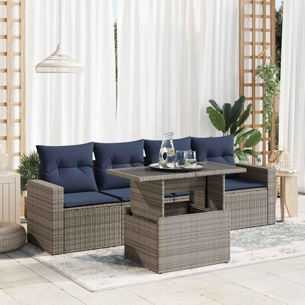 Sofasæt 5 dele med hynder polyrattan akacietræ grå