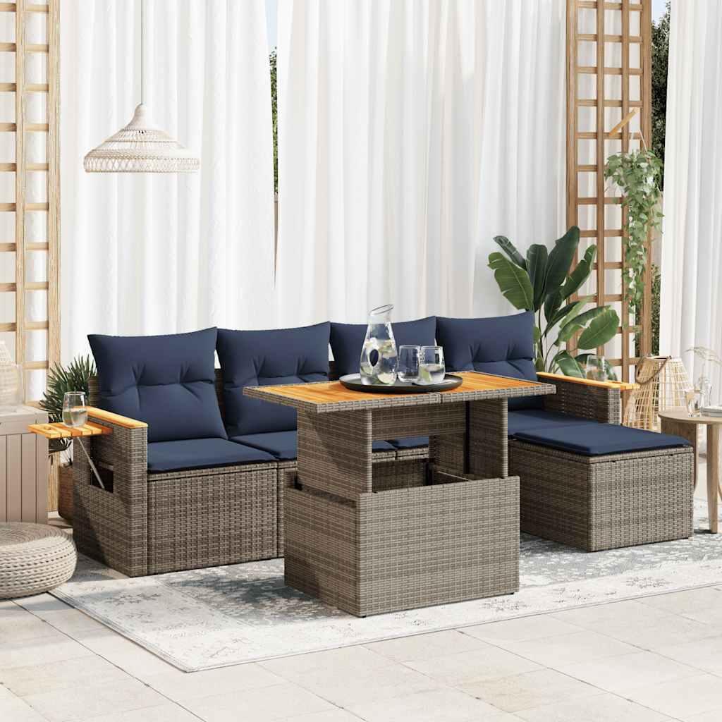 Sofasæt til Haven 6 Dele med Hynder Polyrattan Sort - Grå / med opbevaring