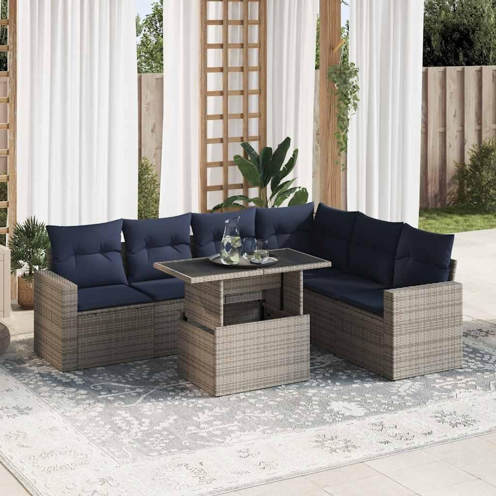 Sofasæt til Haven 7 Dele med Hynder Polyrattan Akacietræ Sort - Grå
