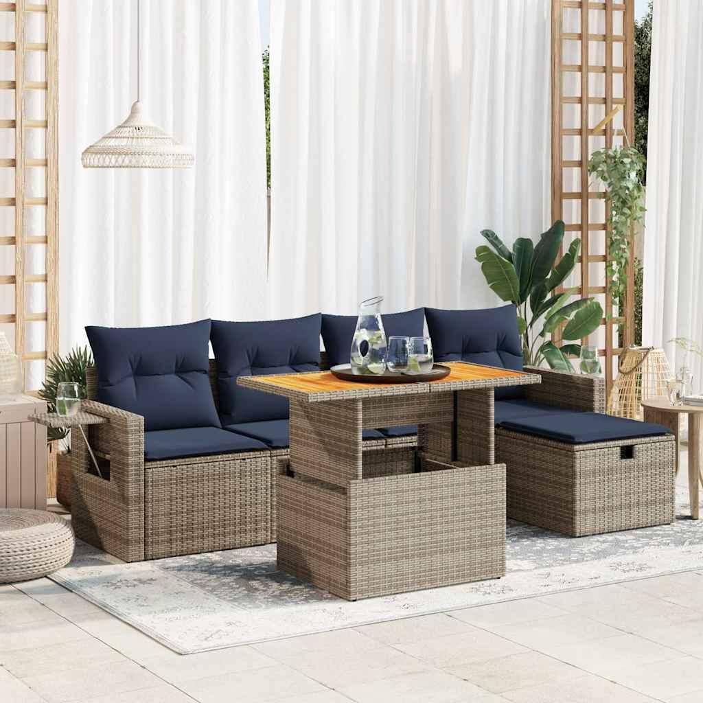 Sofasæt til haven - 6 dele i polyrattan med akacietræsbord, grå/marineblå