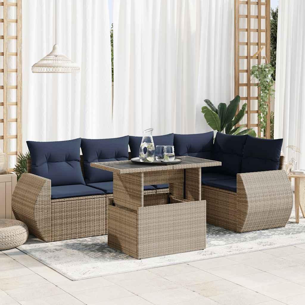 Havesofasæt 6 dele med hynder i polyrattan og akacietræ - grå, marineblå