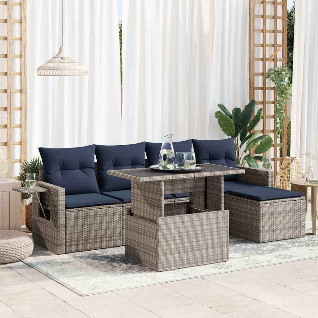 Sofasæt til haven - 6 dele i grå polyrattan med hynder og hæve-/klapbord