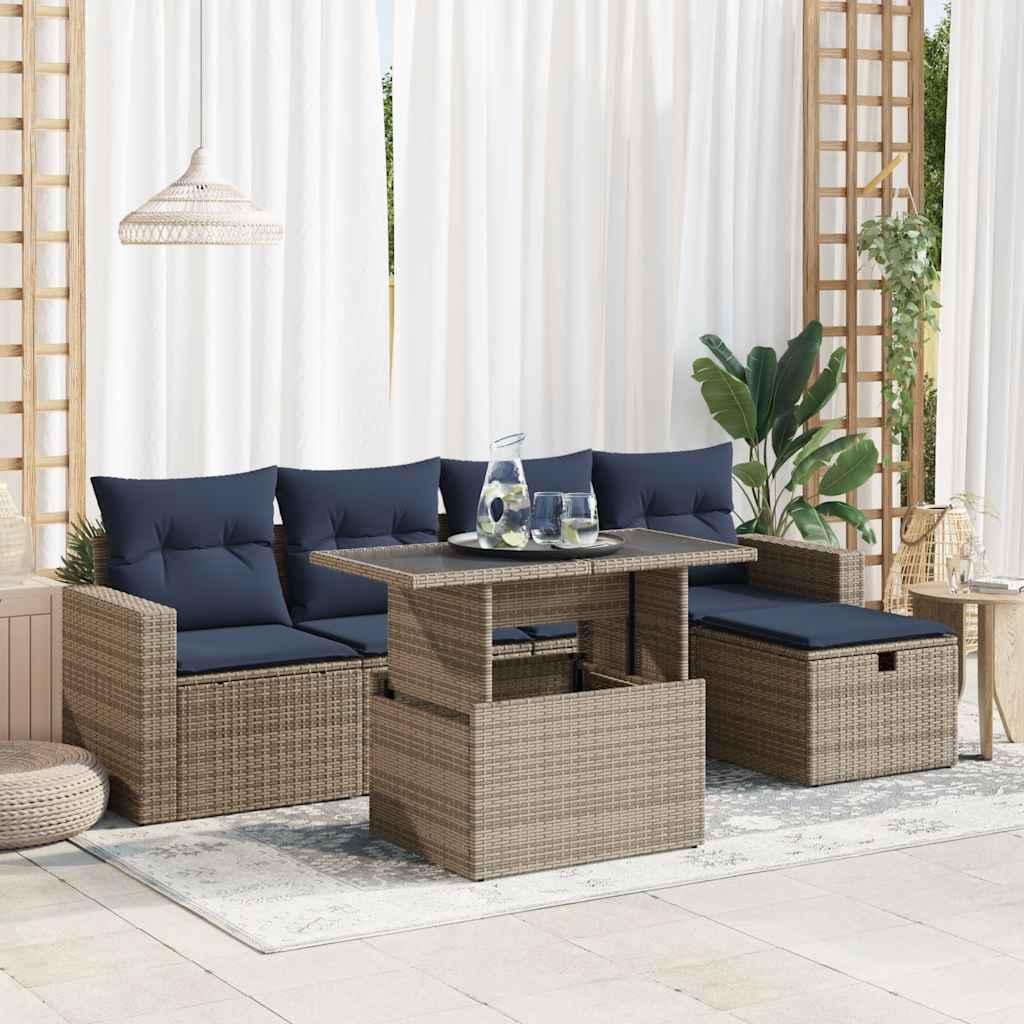 Sofasæt til haven - 6 dele med hynder i polyrattan, grå/marineblå