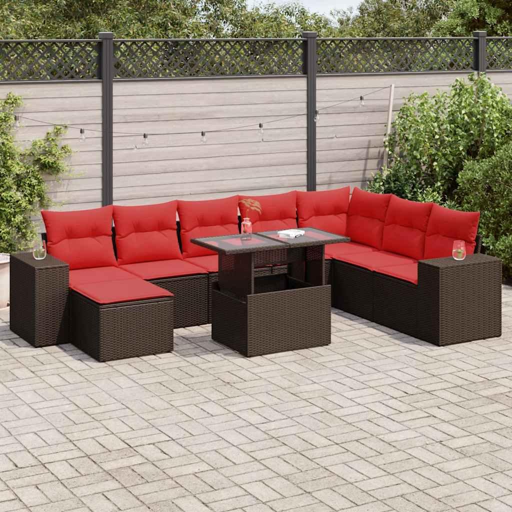 Havesofasæt 9 dele med hynder - polyrattan og akacietræ, brun/rød