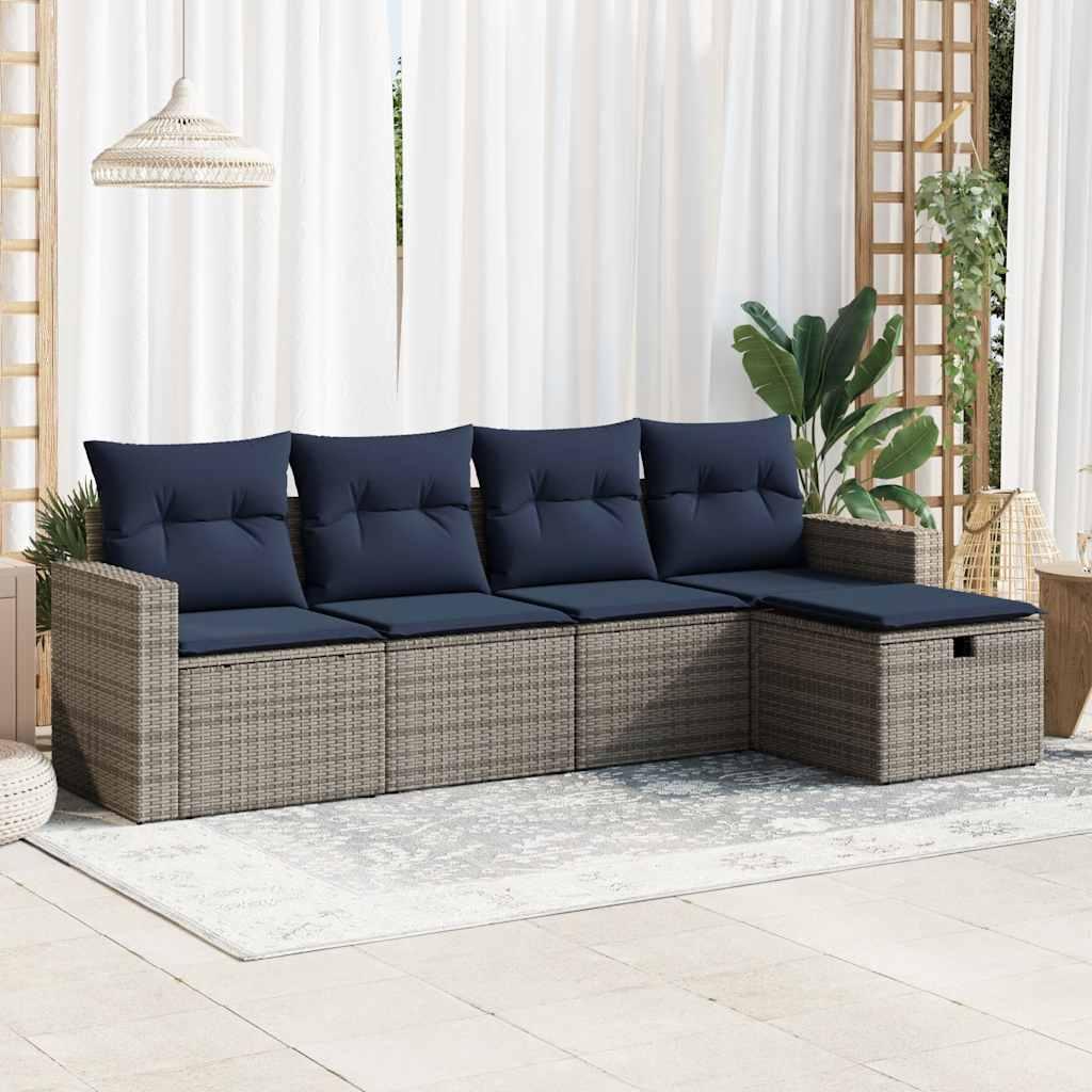 Havesofasæt i polyrattan - 5 dele med opbevaring, grå/marineblå