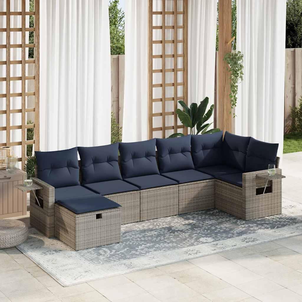 Havesofasæt i polyrattan - 7 dele med marineblå hynder, grå