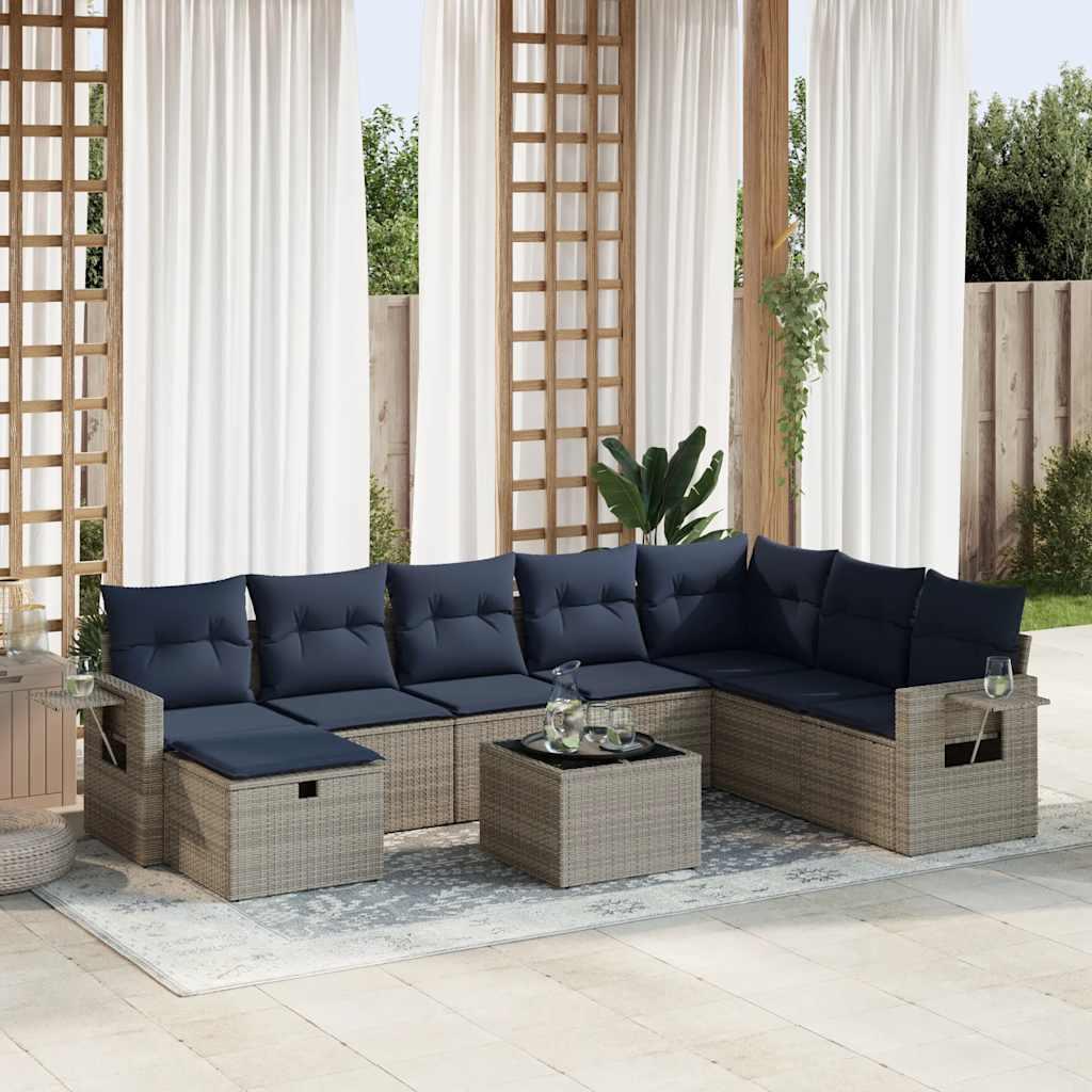 Havesofasæt i polyrattan - 9 dele med marineblå hynder, grå