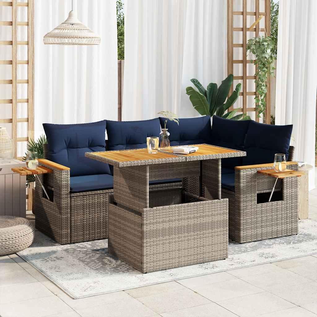 Sofasæt 5 dele med hynder polyrattan akacietræ grå