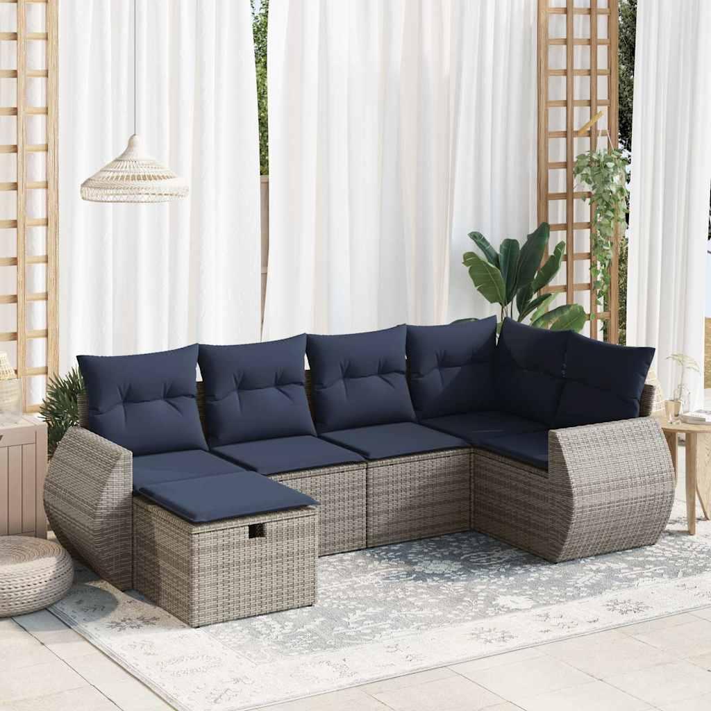 Havesofasæt i polyrattan - 6 dele med opbevaring, grå/marineblå