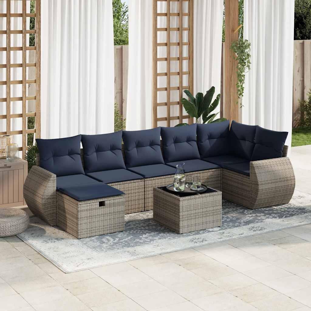 Havesofasæt i polyrattan - 8 dele med marineblå hynder, grå