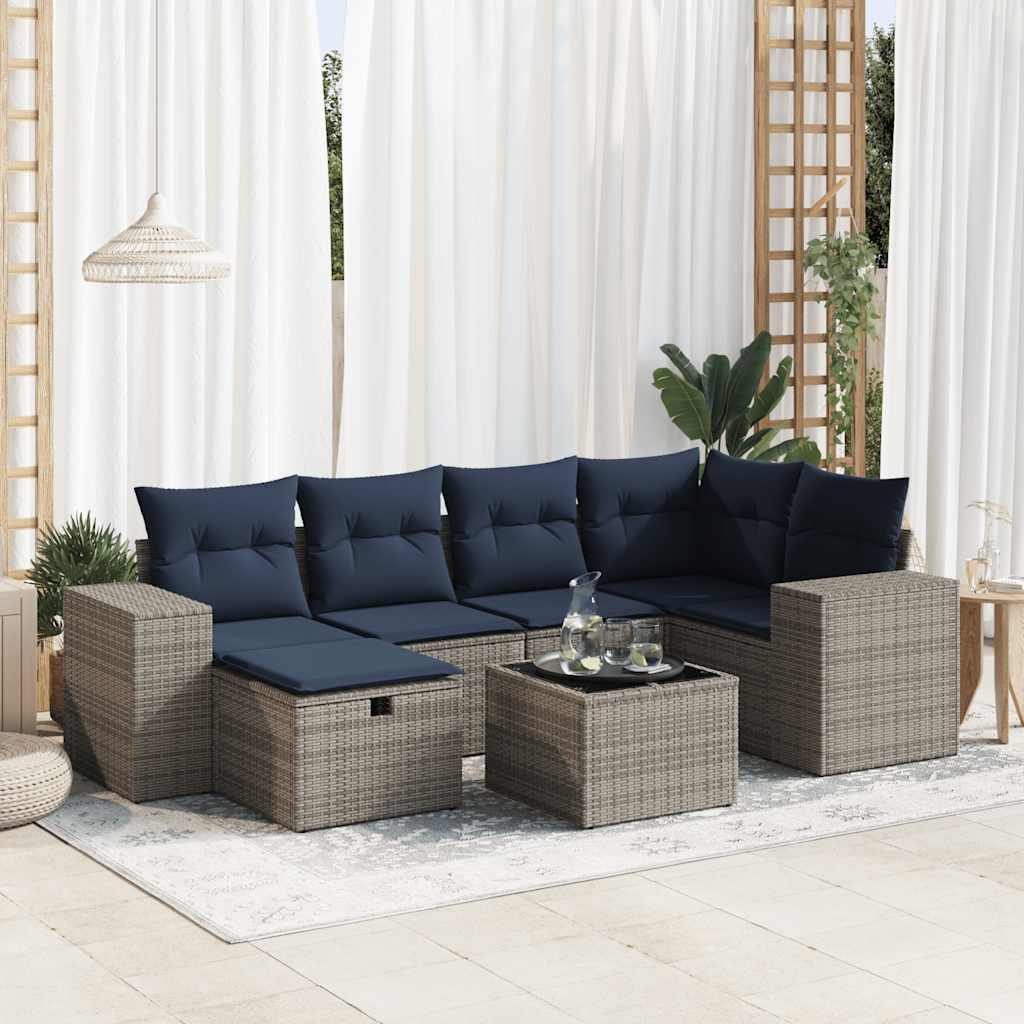 Havesofa-sæt i polyrattan, 7 dele med hynder - grå/marineblå